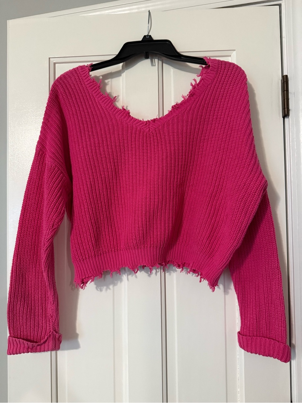 Hot Pink Distressed V-Neck Cropped Sweater